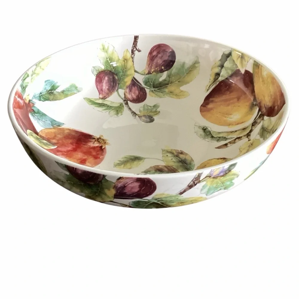 Pier 1 Fruit Motif Large White Serving Bowl Green, Yellow, Red, Purple Accents